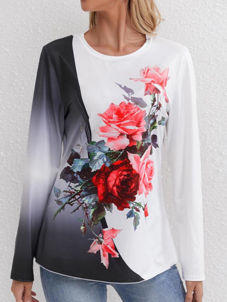 2024 Women's Floral Print Crew Neck Long Sleeve Casual Autumn T-shirt