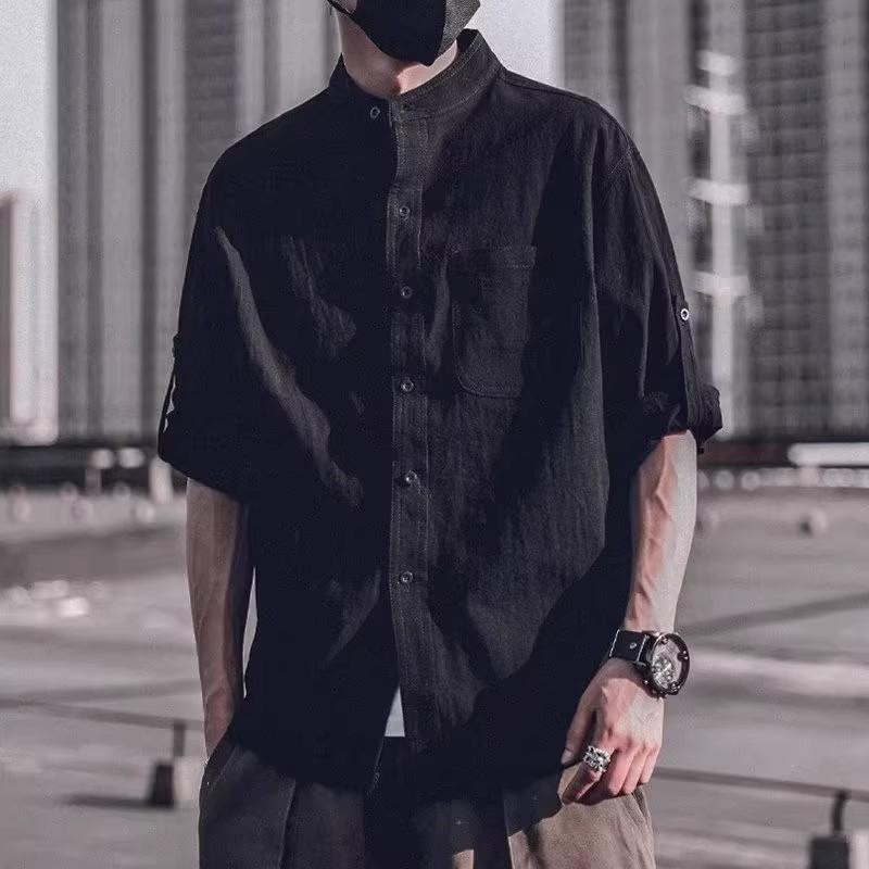 

Men s Grey Linen Blend Stand Collar Shirt, Casual 3/4 Sleeve Roll Tab Top, Breathable Button Down for Daily Wear M чорний