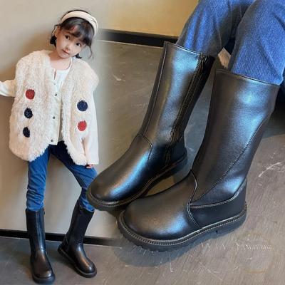 Kinder Winterstiefel Schwarz PU-Leder Hohe Lange Stiefel Mode Klassisch Schlicht Kinder Motorradstiefel für Mädchen Seitenreißverschluss Warm