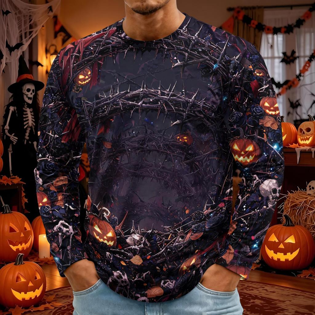 Men's Halloween Printed Long Sleeve Neck T-Shirt for Holiday Party Costume