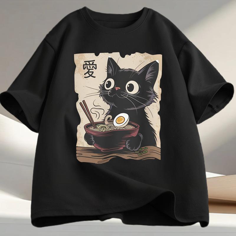 Black Cat Eating Ramen Japanese Anime T-shirt XXXL