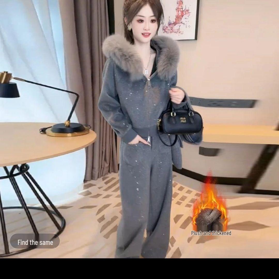 

2025 Stylish Sequin Winter Velvet Hooded Jacket & Wide-Leg Pants Set L (suitable for 105-120 jin)