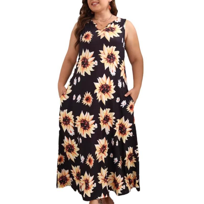 Sommerkleid Mode Übergröße Damen Kleider mit Sonnenblumen-Print