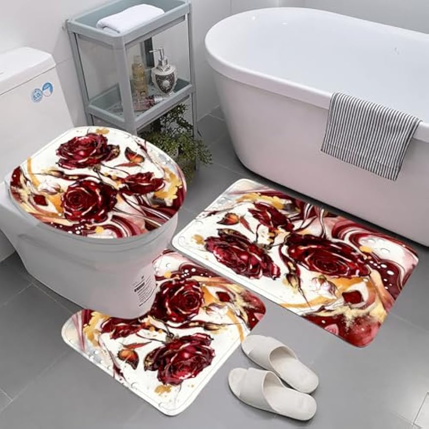 4Pcs Shower Curtain Set with Non-Slip Bath Mat, Toilet Lid Cover, Contour Rug & 12 Hooks, Bathroom