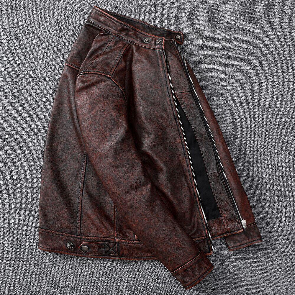 Vintage Brown Coat Classic Biker Style Short Slim Genuine Leather Jacket Men Casual Leather Coat