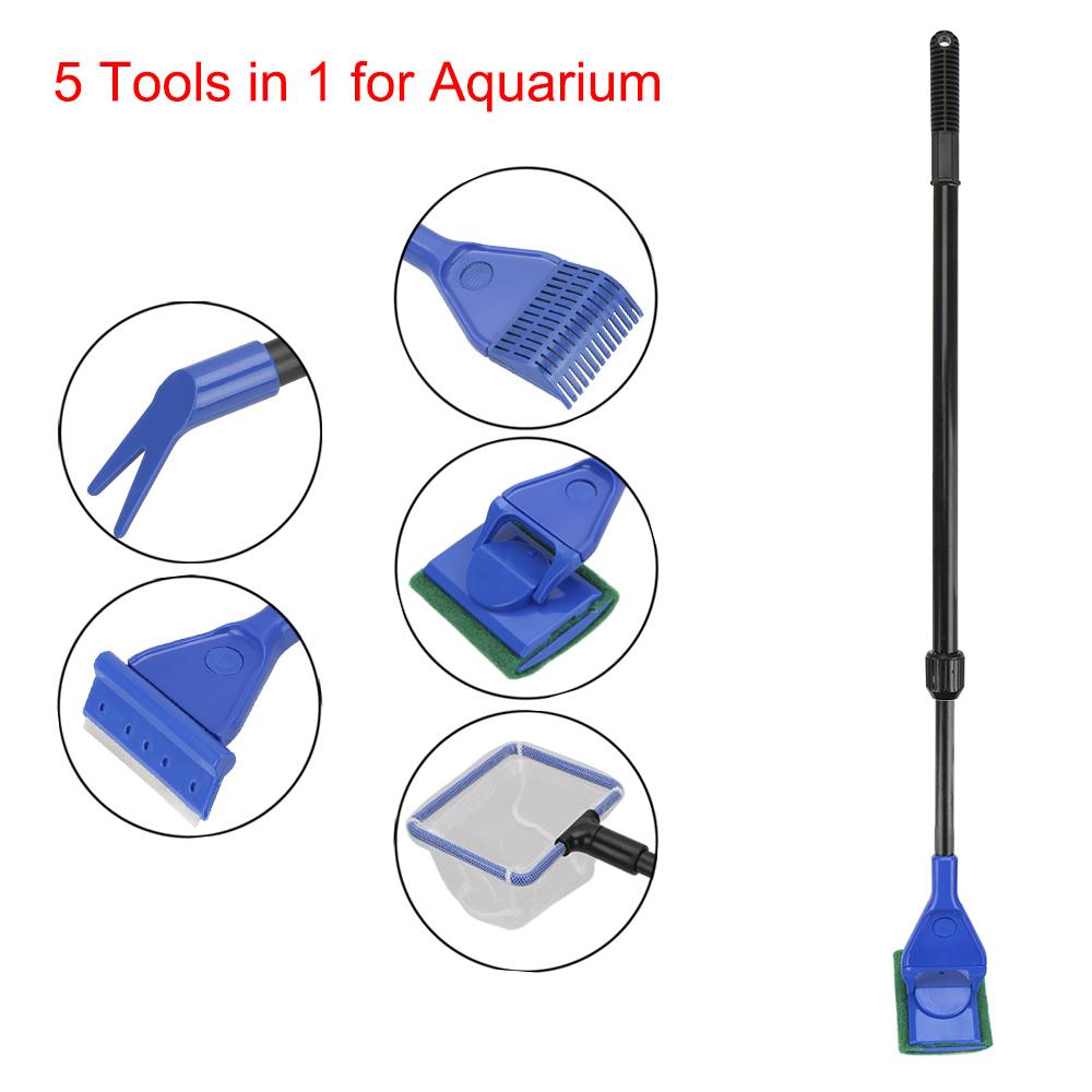 5 In 1 Adjustable Aquarium Tank Clean Set Aquarium Cleaning Tools Aquarium Cleaner Fish Net Gravel Rake Algae Scraper Fork Sponge Brush