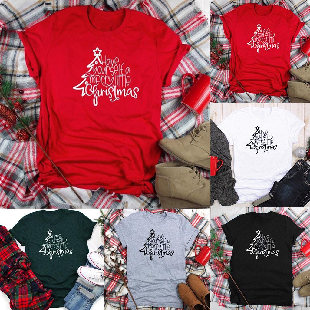 

Women s Christmas Letter Printed Short Sleeve T-Shirt Tops Blouse