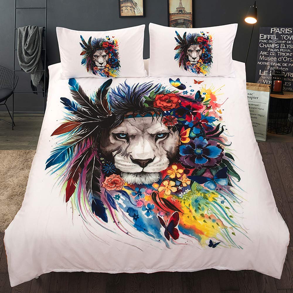 

Kawaii Lion Duvet Cover Set,Watercolor Cherry Blossom Baby Lion Bedding Set,Cartoon Wild Animal Botanical Flower Comforter Cover EU single(135x200cm)
