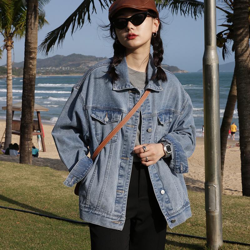 

Women s American Retro Denim Jacket - Long Sleeve Loose Cardigan Shirt, Small Casual Denim Top Extra Large синій