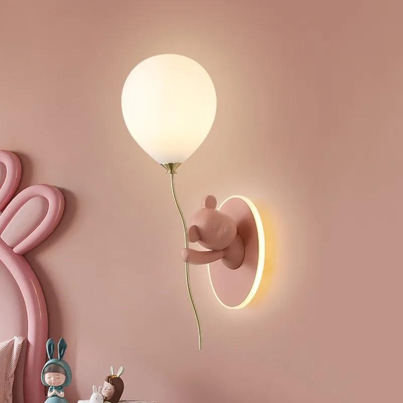Children's Room LED Wall Light Pink Balloon Bear Wall Light Modern Warm Princess Room Nursery Girl Boy Bedroom Bedside Light