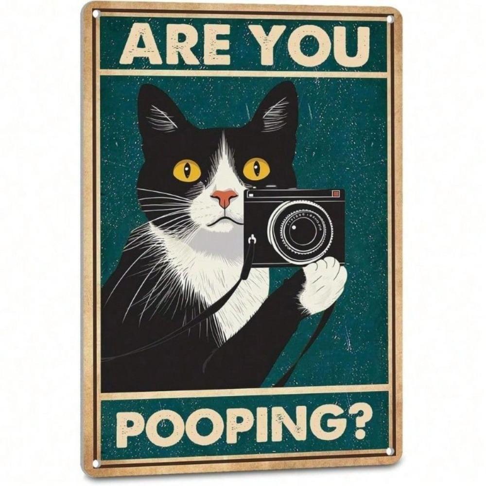 Metal Wall Art Cat in Tuxedo Are You Pooping Sign for Bathroom Toilet Decor