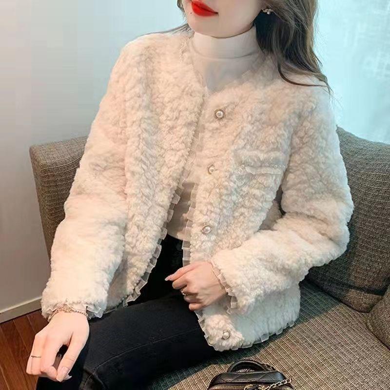 Chaqueta de Lana de Cordero Estilo Coreano con Cuentas para Otoño/Invierno para Mujer