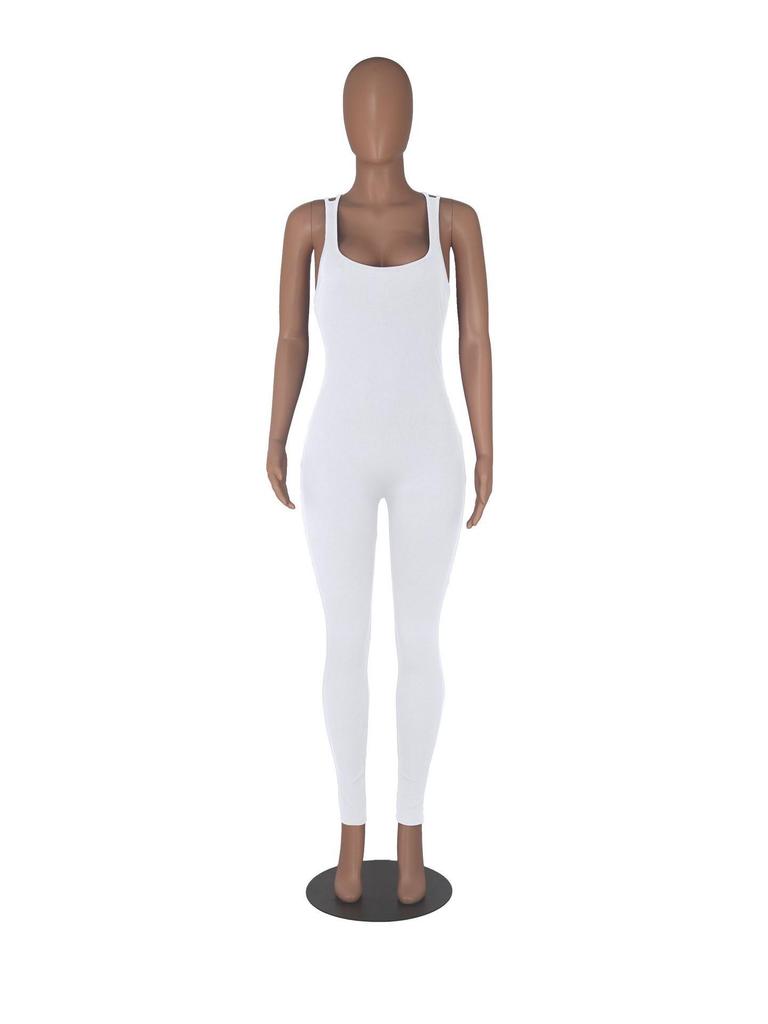 M3132 Sleeveless Backless Waist-Gathering Solid Color Yoga Jumpsuit