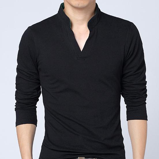 Men T-shirt Solid Color Long Sleeve V Neck Slim Pullover Top for Spring
