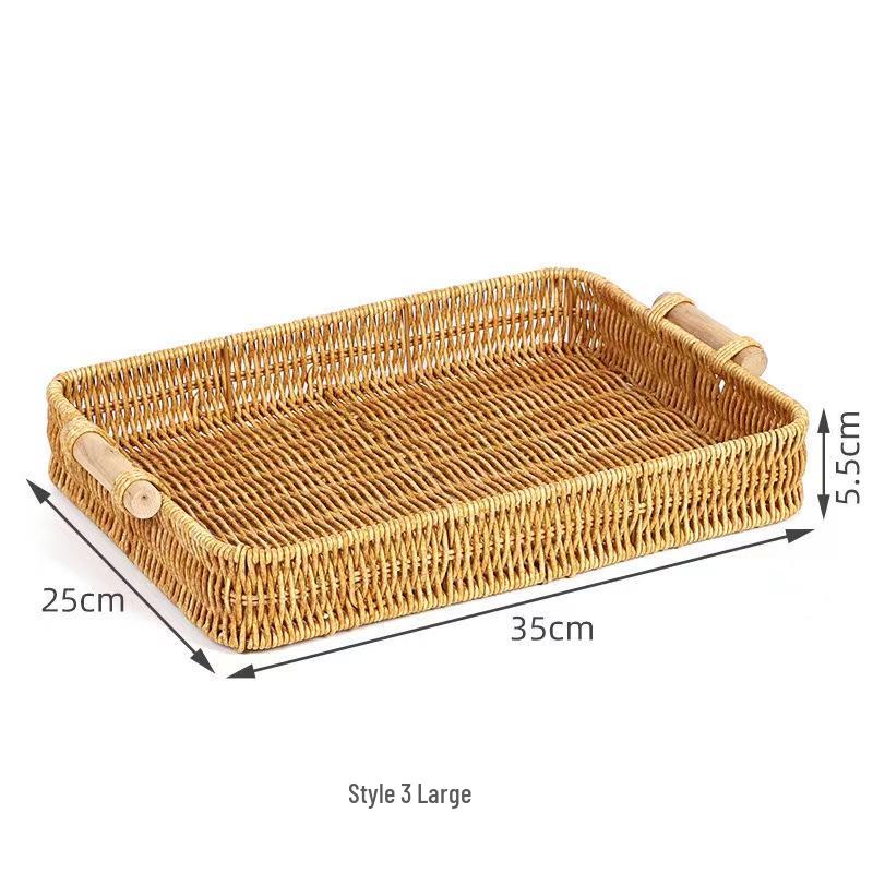 Handmade Woven Rattan Fruit Plate - Japanese Bread & Steamed Bun Basket with Double Ear Handles for Living Room Storage