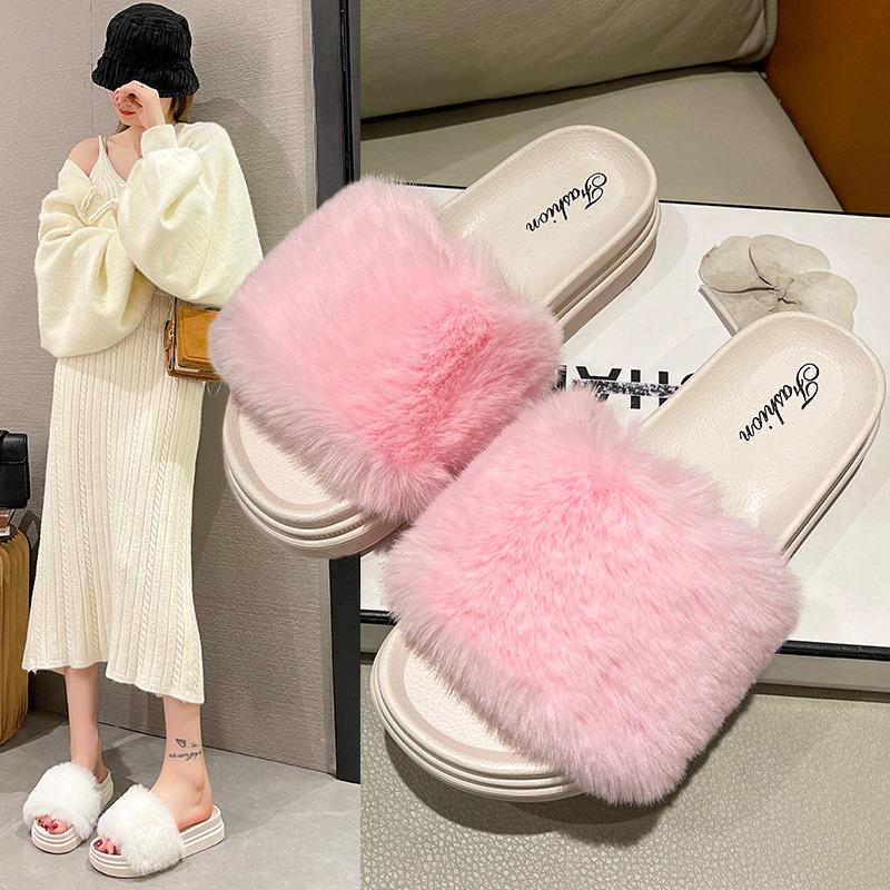 New Mao Mao slippers for women to keep warm at home, popular thick-bottomed muffin bottom, round head cool slippers for women