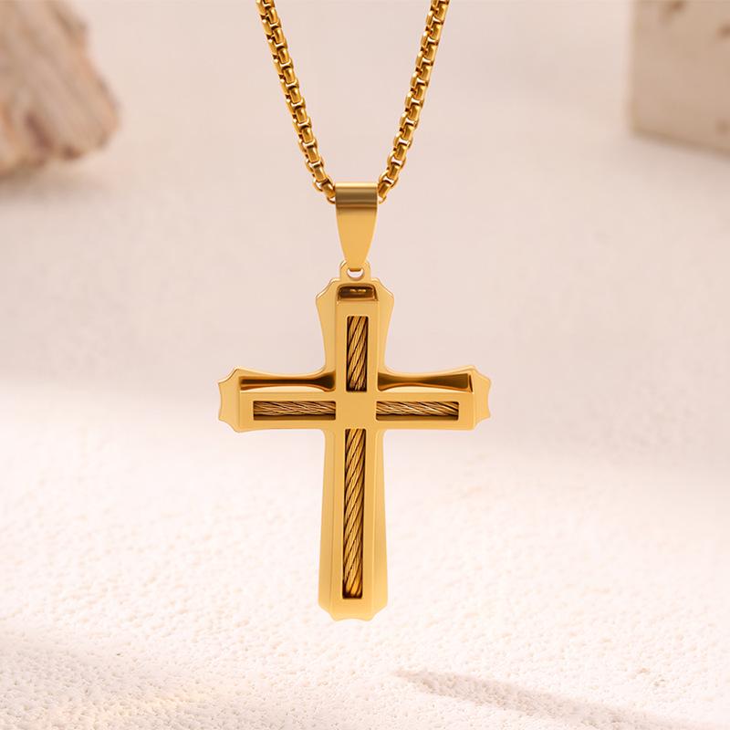 Bestselling Men's Two-Tone Wooden Cross Titanium Steel Dog Tag Necklace