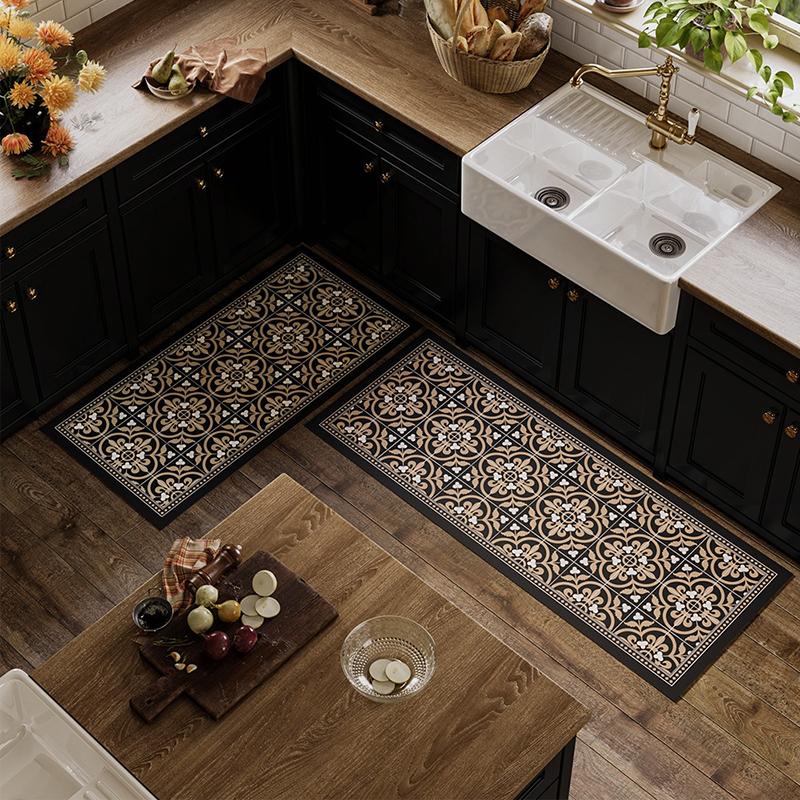 Kitchen Floor Mat Waterproof Non-slip Wash-free Carpet PVC Leather Strip Rugs American Black and White Home Decoration Foot Mats