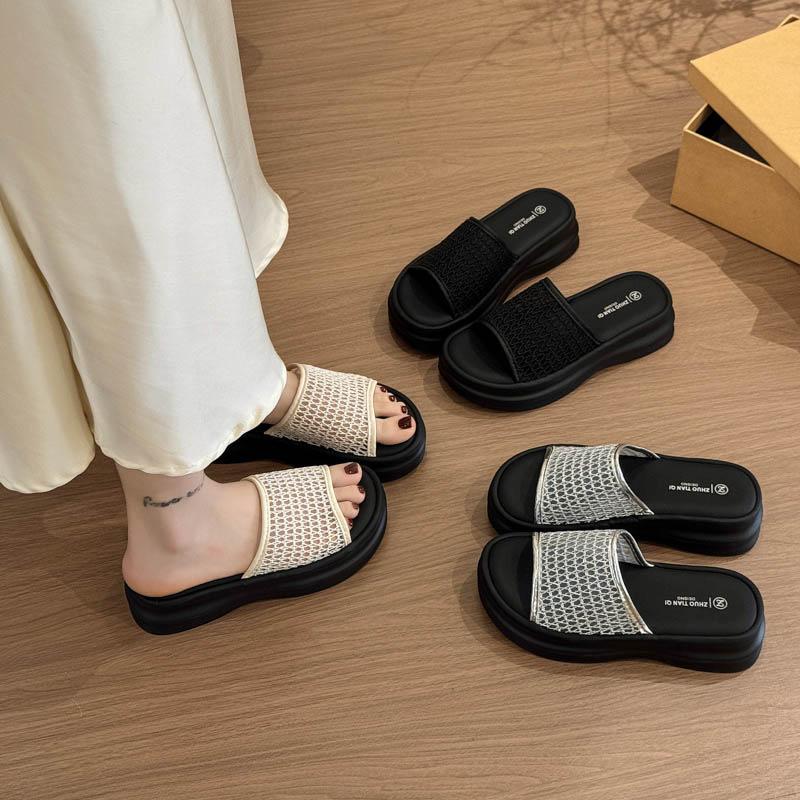 Spring and Summer New Outer Wear Women's Shoes Casual Versatile Mesh One-word Drag Muffin Thick Bottom Comfortable Cool Slippers