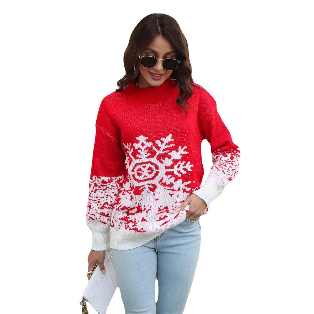 Women's Snowflake Jacquard Lantern Sleeve Christmas Sweater - European & American Style
