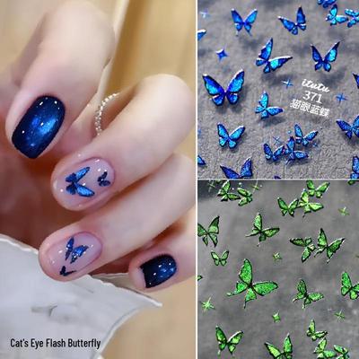 Cat Eye Flash Butterfly Nail Stickers - Blue, Green, Purple Small Adhesive Butterflies