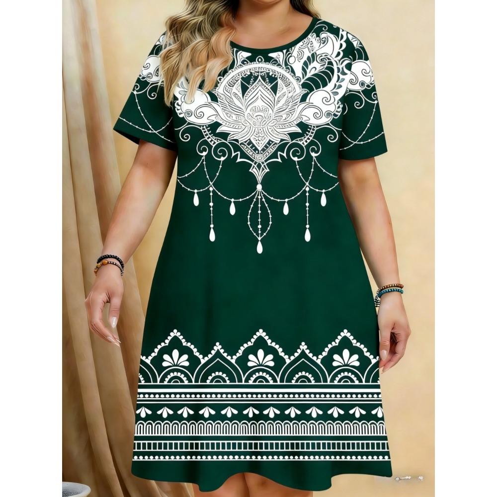 Elegant Floral Pattern Women Mini Dresses Summer Short Sleeve Printed Plus Size Casual Comfortable Soft Dress