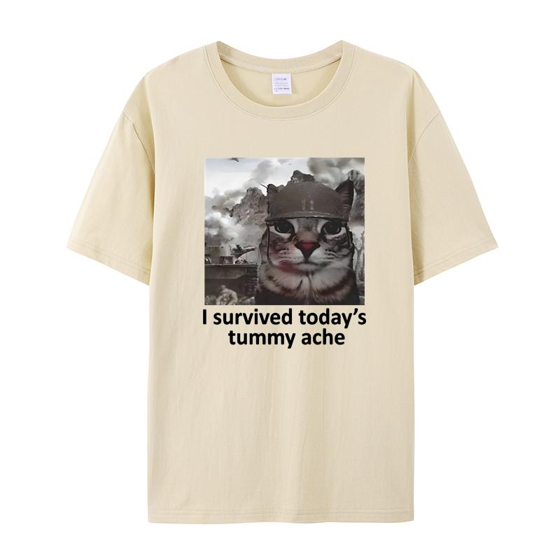 I Survived Today's Tummy Ache Short Sleeve T-shirt Men's and Women's Funny Cat Terriers Summer Trend High Quality Cotton Top