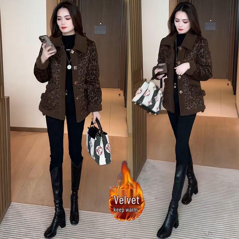 Fluffy 2025 Elegant Leopard Print Woolen Jacket - Women's Versatile Warm Top