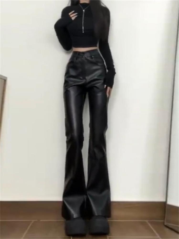 Women's High-Waisted Black PU Leather Micro-Flare Pants - Autumn Style Slimming Body-Shaping Straight Leg Floor-Length for Tall Figures