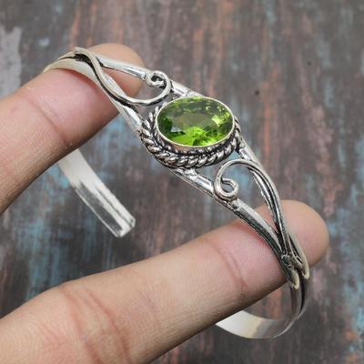 Peridot Gemstone Handmade 925 Sterling Silver Cuff Jewelry Bangle Adjustable
