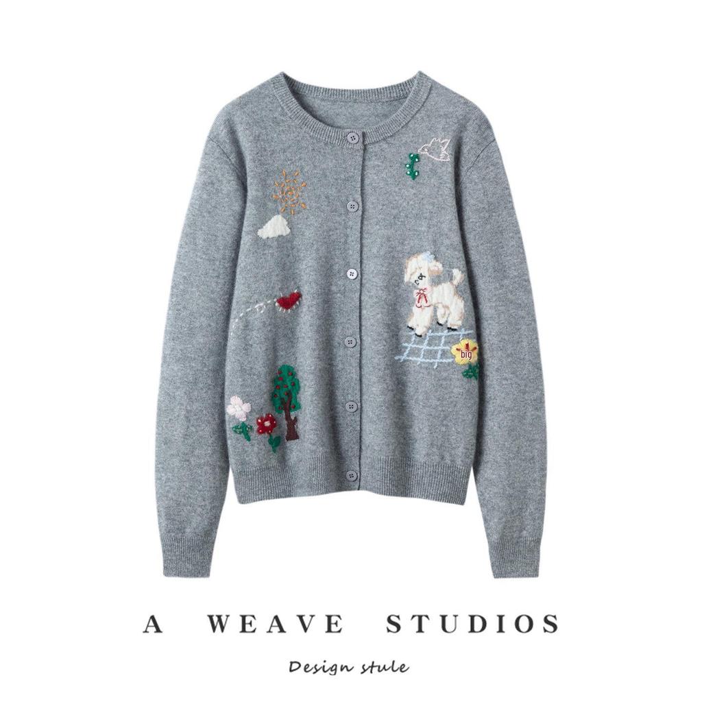 2026 Autumn/Winter Women's Cashmere Embroidered Round Neck Cardigan - Loose, Thick Knitwear Sweater Top