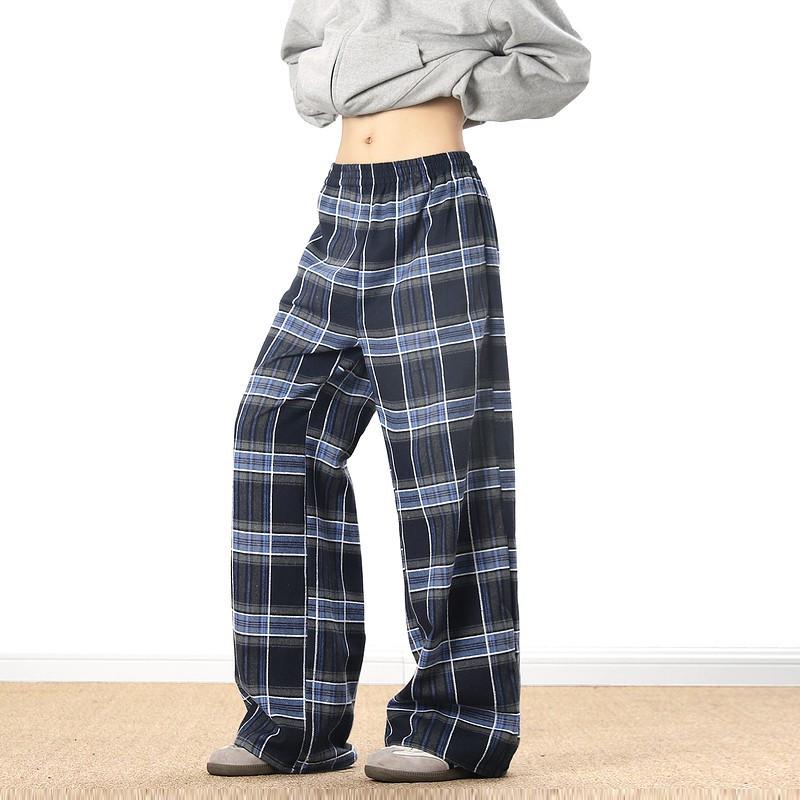 Unisex Retro Plaid Lazy Pants: Loose, Straight-Leg, Slimming Wide-Leg Style
