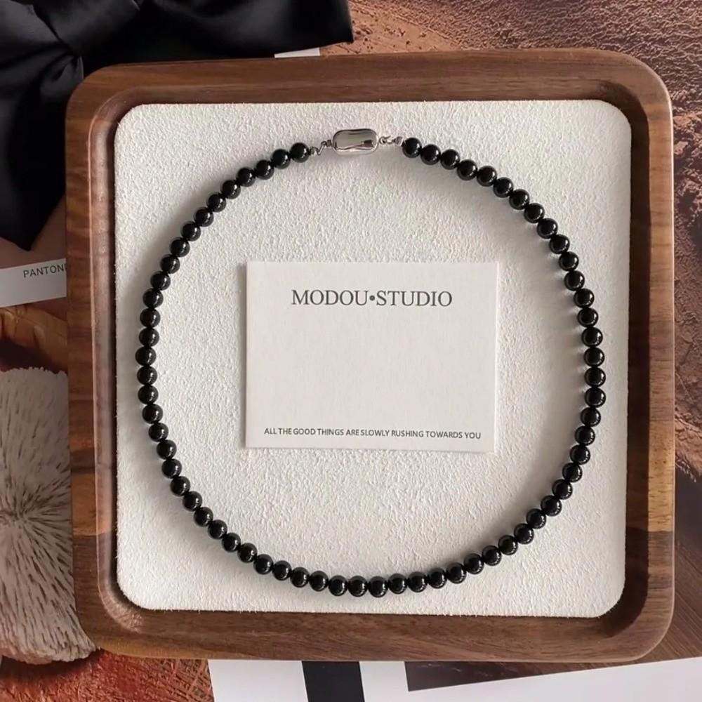 Copper Gold Black Agate Necklace Silver Plated Coin Buckle Chokers Imitation Pearl Necklace Women