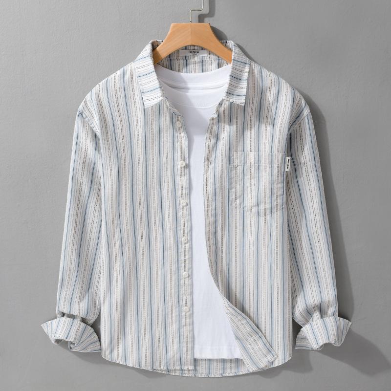 Japanese Style Striped Long Sleeve Shirts for Men Daily Spring/Autumn Pure Cotton Soft and Comfortable Casual Tops Youth New Fashion Men Shirt