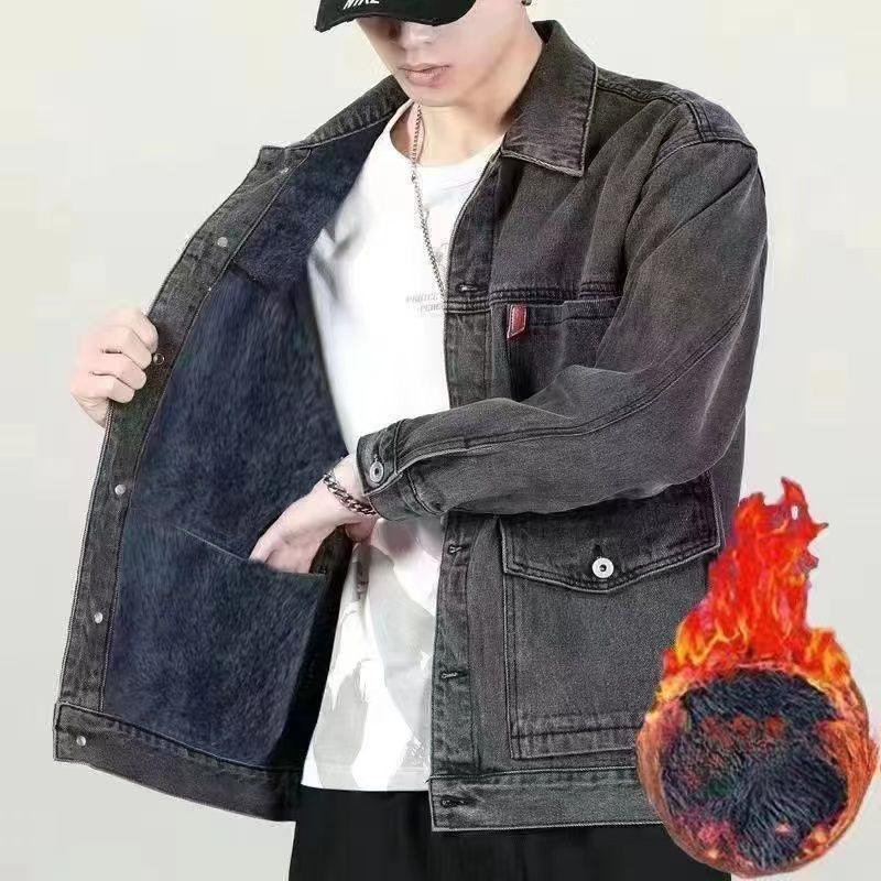 Plus Size Lapel Jacket Winter High-end Multi-pocket Plus Velvet Denim Jacket Men's Loose Trend Casual All-match Top