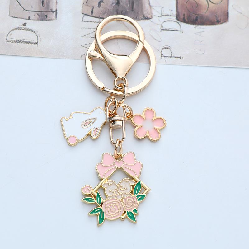 Romantic Cherry Blossom Rabbit Keychain - Girly Heart Cute Couple Charm for Bags & Cars