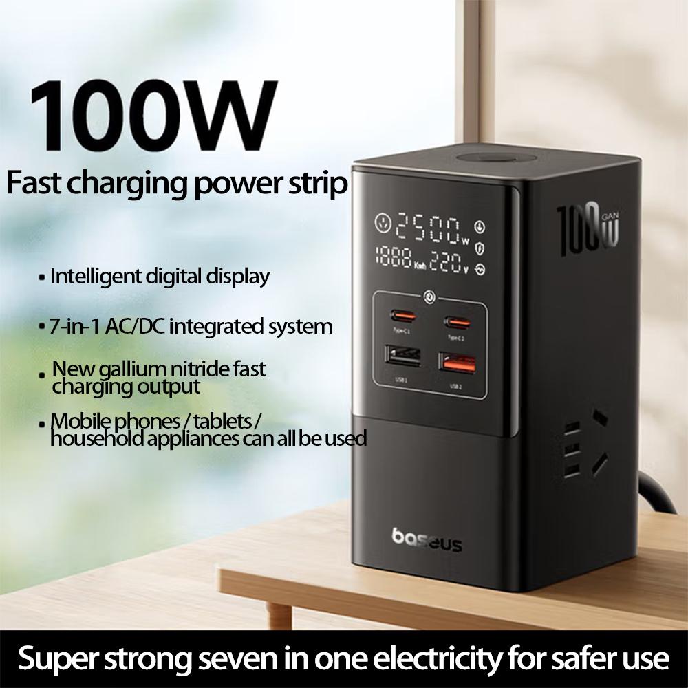 Baseus Vertical Digital Socket 100W Fast Charging Station/intelligent Charging/multifunctional Charger/power Strip/desktop Socket
