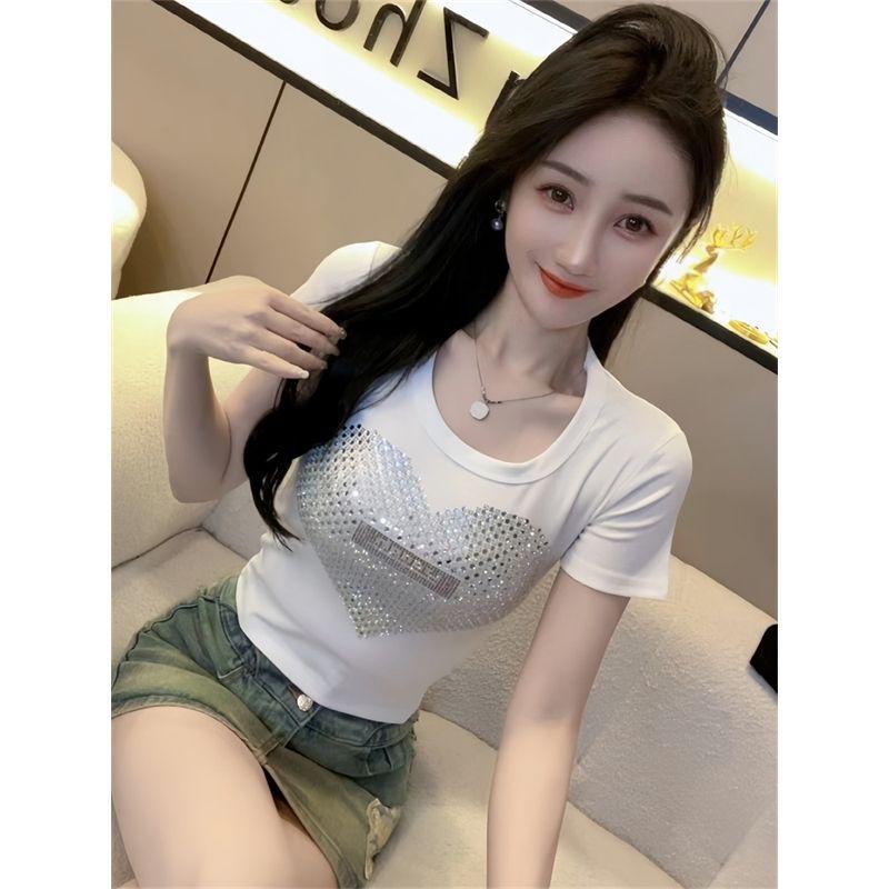 

Embroidery Hot Drilling U Collar Shoulder Short Sleeve T-Shirt Women s Summer Wear New Arrival Thirteen Lines Korean Goods Small Slim-Fit Crop-Top White XL [recommend 58.00 kg-62.50 kg]]