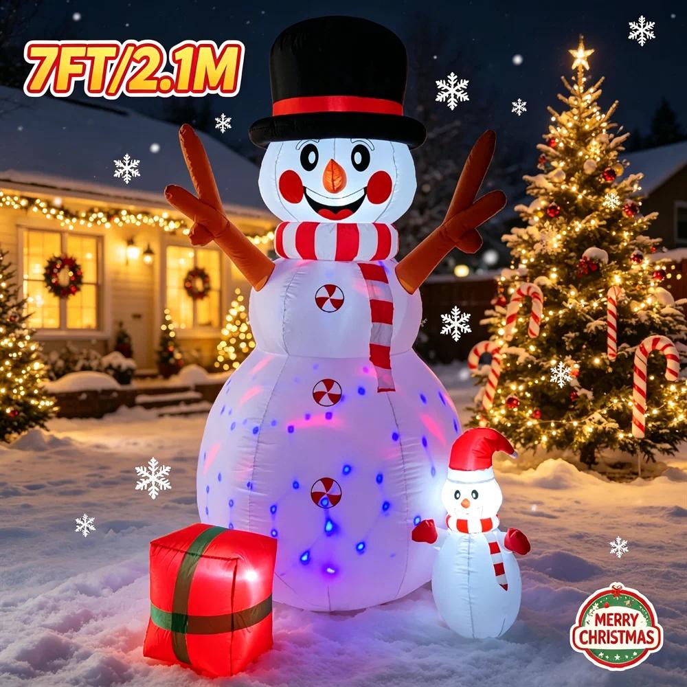 7FT/2.1M Inflatable Snowman Set with Lights and Red Gift Box, Christmas Outdoor Yard Decoration