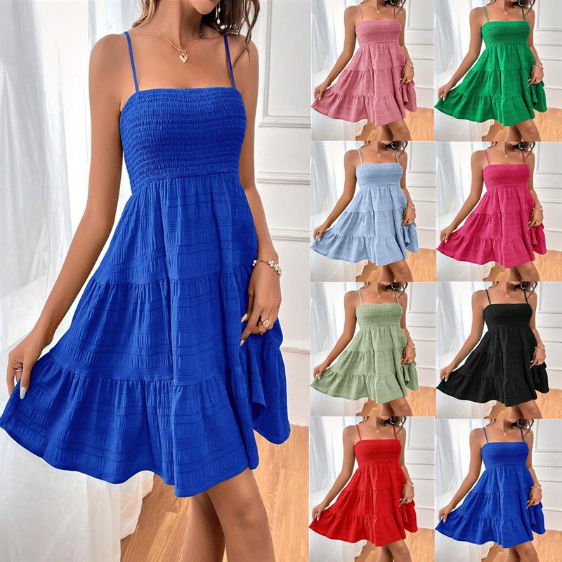 2025 Summer Women's One-Shoulder Thin Straps Solid Color Versatile Textured Dress