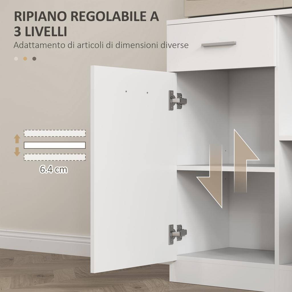 Mobile Dispensa in Legno con Cassetto, 4 Ante e 3 Ripiani Aperti, 80x35x180 cm, Bianco