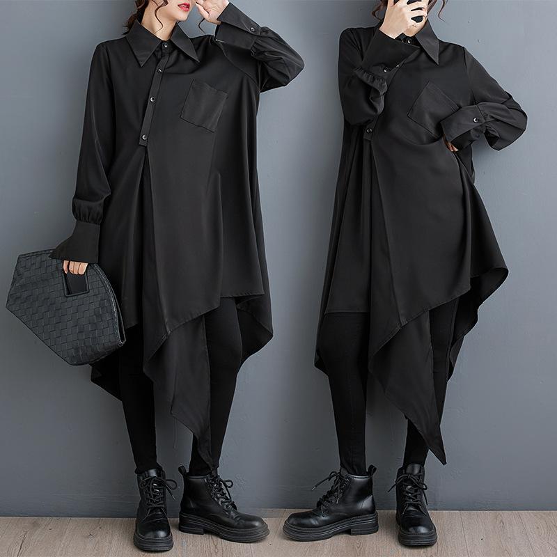 Women's Shirt Collar Long Sleeve Shirt Dress Loose Fit Loose Waist Elegant Solid Midi Dress
