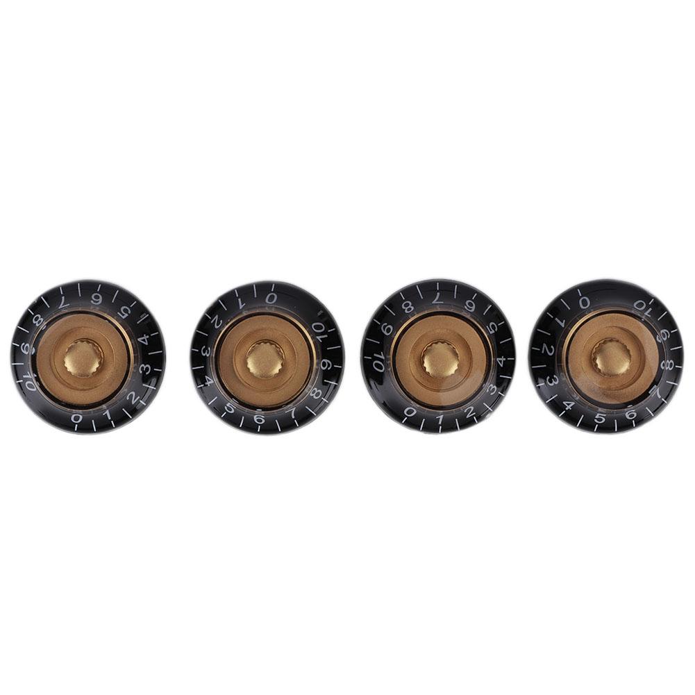 4 Stück Tonreglerknopf Transparent Glocke Lautstärke Musikinstrument Zubehör für Gitarre Bass Gold mit schwarzer Beschriftung