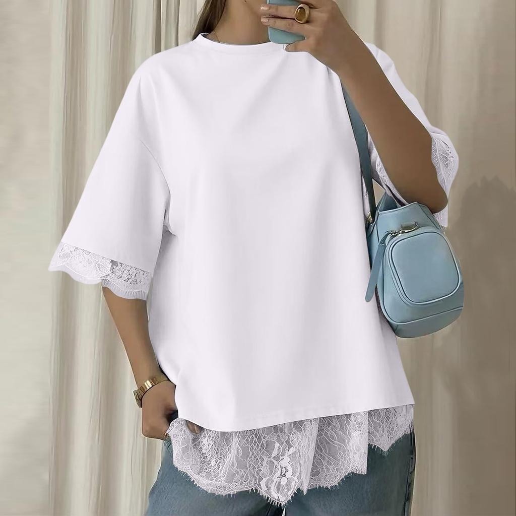 Womens Spring Tops Lace Hem Design Summer Shirts for Women Comfortable Womens Summer Shirts Loose Fit Dressy Tops for Women
