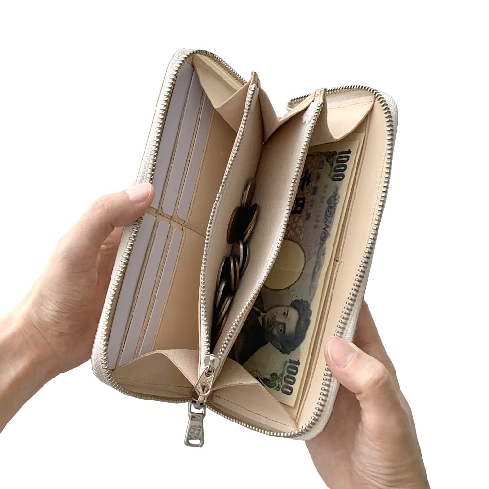 Gratia Women's Long Wallet, Round Wallet, Genuine Leather, Made in Japan, Floral Embossed Leather, Round Zipper, G057 (White)