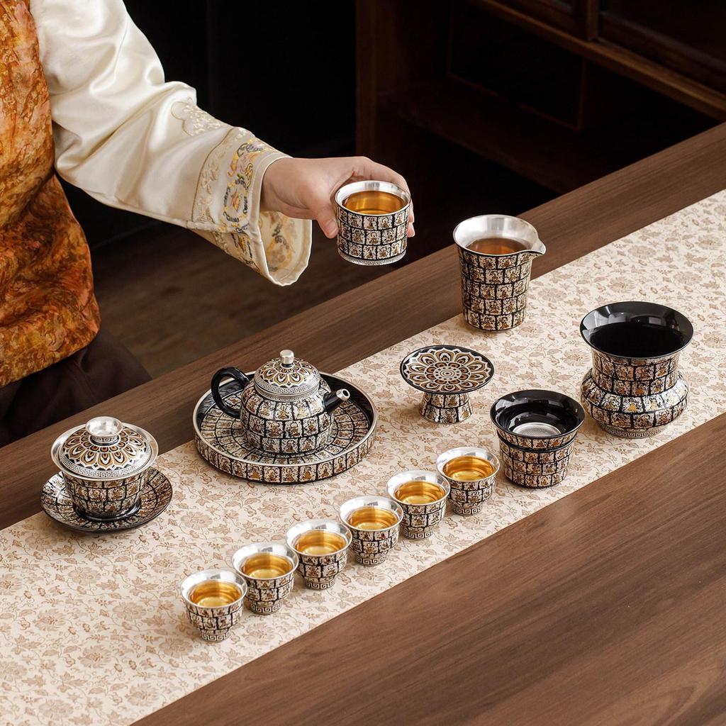 Sterling Silver Dunhuang Ten Thousand Buddhas Tea Set: Luxury Gift Box for New Year, Birthdays & Elders