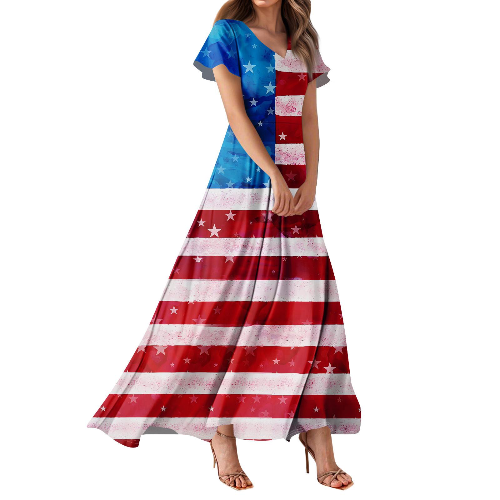 

Жіноча повсякденна сукня з V-подібним вирізом і високою талією, принтом прапора на День незалежності S