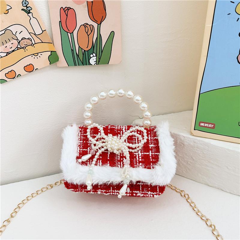 

Adorable Red Plush Pearl Handbag For Girls Perfect For Kindergarten Playdates And Daily Outings Pearl Bow Colorblock