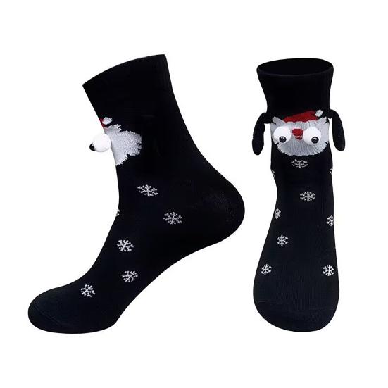 1 Pair Christmas Couple Socks Magnetic Hands Cartoon Deer Snowman Design Long Socks Soft Breathable Xmas Socks