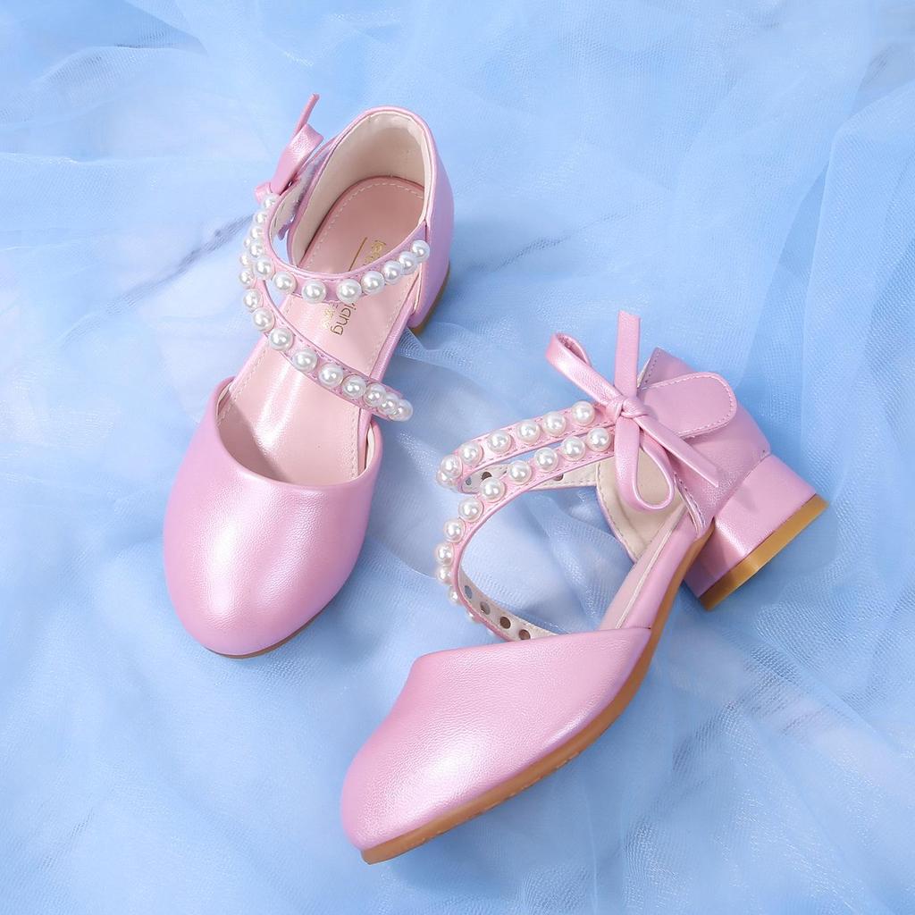 Süße Schleife Perlen Weiche Sohle Prinzessin Hoher Absatz Lederschuhe für Kinder